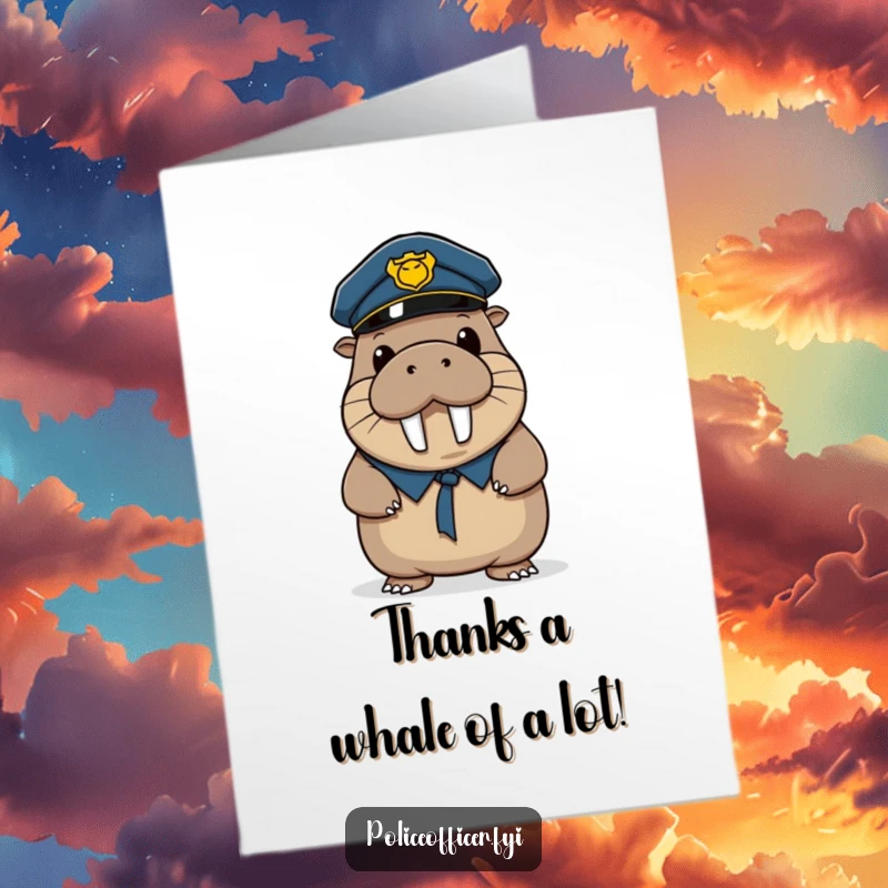 Funny free printable thank you card featuring a wobbly walrus police officer tipping his hat sincerely.