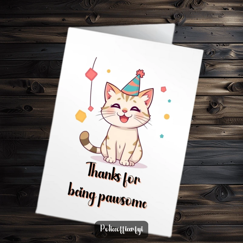 Funny Free Printable Thank You Card: Smiling cat in a party hat batting at shapes, expressing playful gratitude.