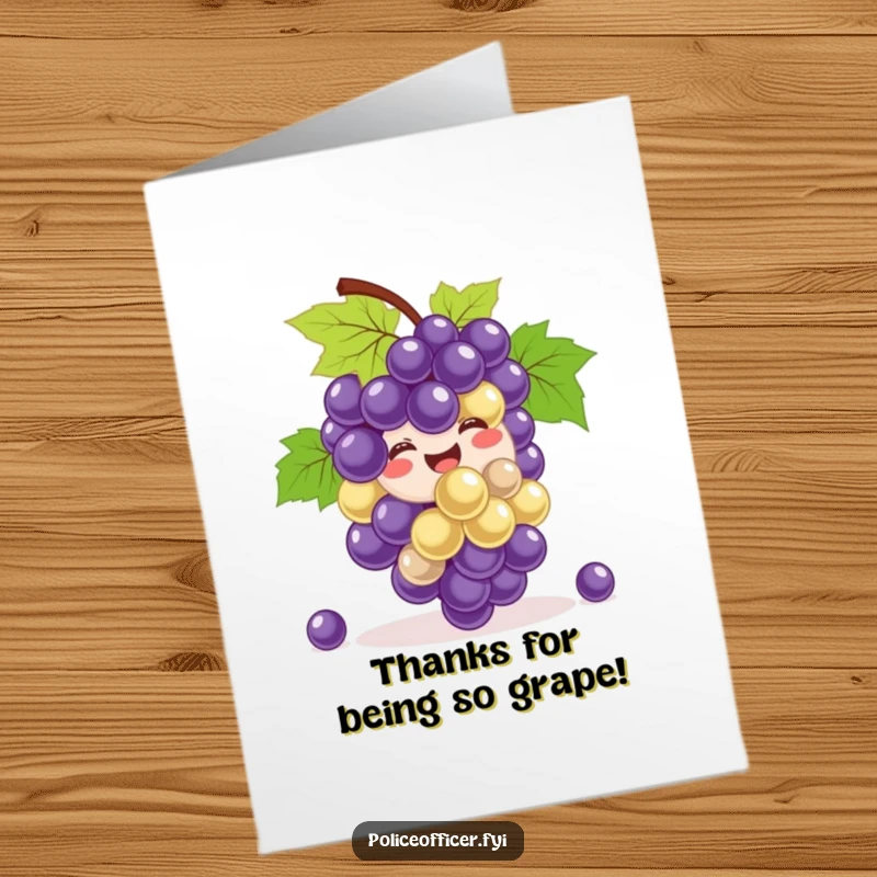 Funny Free Printable Thank You Card: A bunch of smiling grapes happily bouncing, conveying cheerful thanks in a playful way.