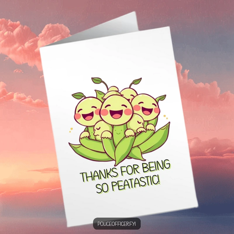 Funny Free Printable Thank You Card: A cheerful bunch of peas laughing uncontrollably as they roll, expressing thanks.