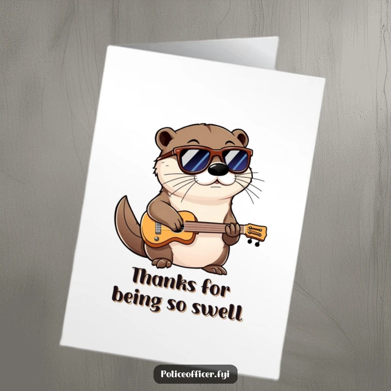 Funny Free Printable Thank You Card: Cool otter with shades smirks confidently, playing a miniature instrument to say thanks.
