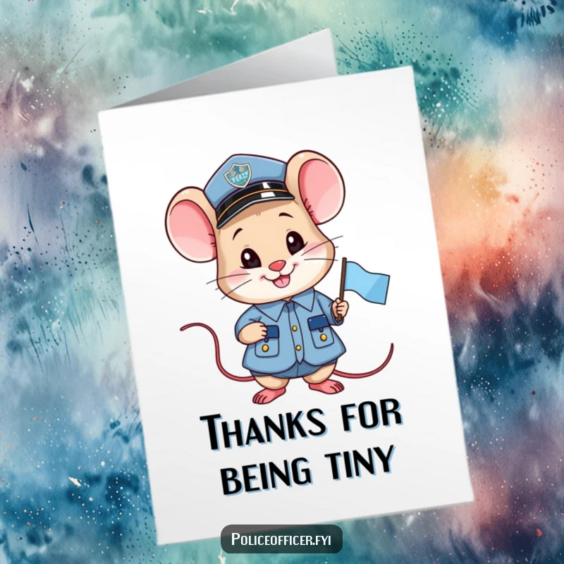 Funny Free Printable Thank You Card: Smiling mouse police officer in uniform holding a small flag.