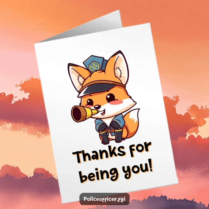 Funny Free Printable Thank You Card: A smiling fox in police attire blows a whistle with pride, signifying thanks for excellent service.