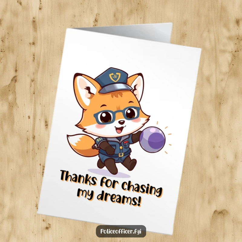 Funny Free Printable Thank You Card: A fox cub dressed as a police officer chases a bouncing ball, a delightful downloadable gift.