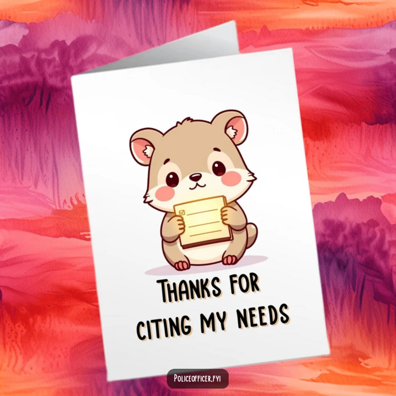 Funny Free Printable Thank You Card: Small animal holding a glowing citation pad, issuing a 'thanks' notice.