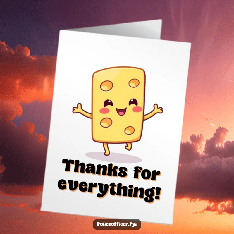 Funny Free Printable Thank You Card: A smiling cheese slice doing a happy hop, offering a downloadable thank you note.