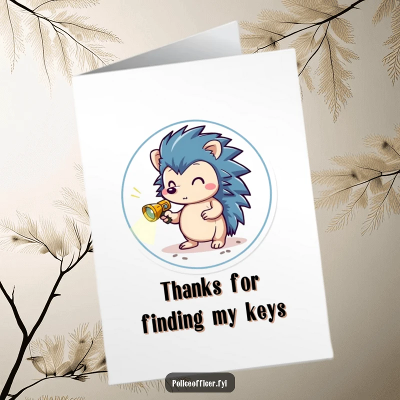 Funny Free Printable Thank You Card featuring a brave hedgehog with a flashlight, humorously searching the ground for reasons to express gratitude.