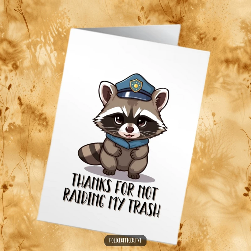 Funny Free Printable Thank You Card: A stealthy raccoon in a police hat tiptoes, offering thanks with a sly, mischievous grin.