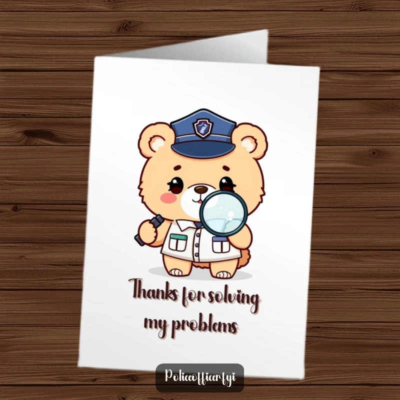 Funny Free Printable Thank You Card: A fluffy bear police officer winks while holding a magnifying glass, showing appreciation for a job well done.