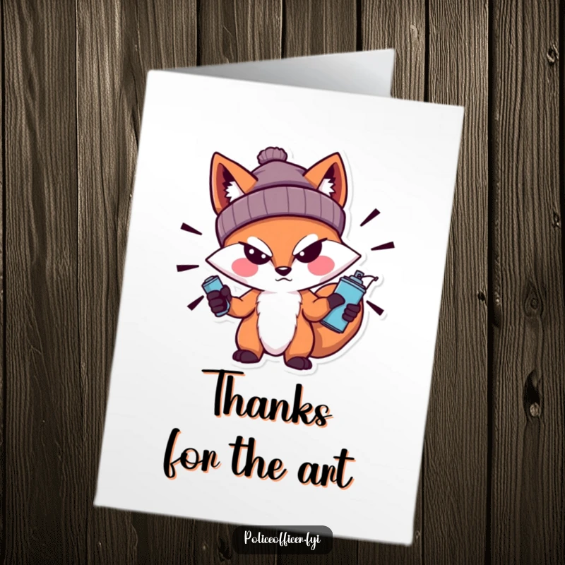 Funny Free Printable Thank You Card: A bold fox wearing a beanie and a sneer, holding a spray can, offering a gritty thank you.