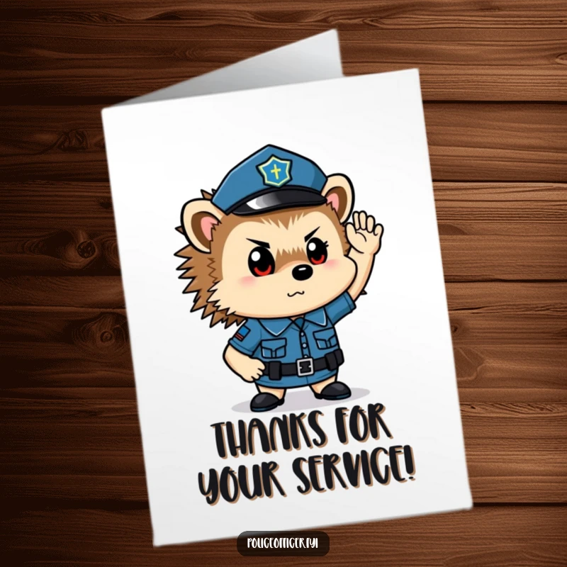Funny Free Printable Thank You Card: A tiny hedgehog in police uniform salutes as a gesture of heartfelt thanks.