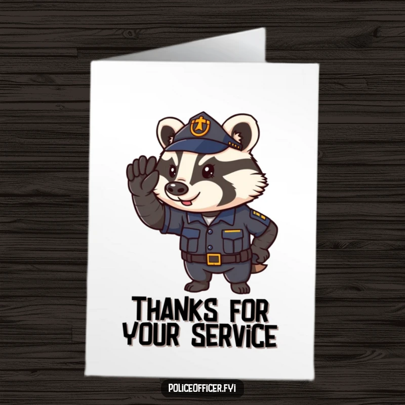 Funny Free Printable Badger Policeman Thank You Card: A proud badger officer salutes, offering sincere thanks with a friendly smile.