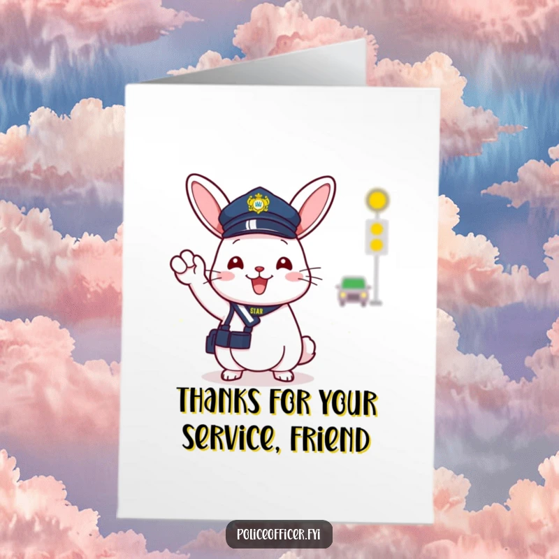 Funny Free Printable Thank You Card: A cheerful bunny police officer in a tiny hat gives a happy wave while expressing thanks.