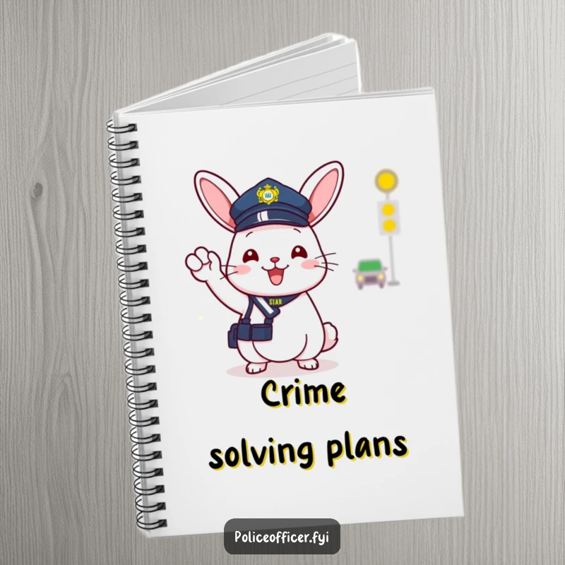 Funny notebook with a cheerful bunny police officer in a small hat, happily directing traffic with a friendly wave.
