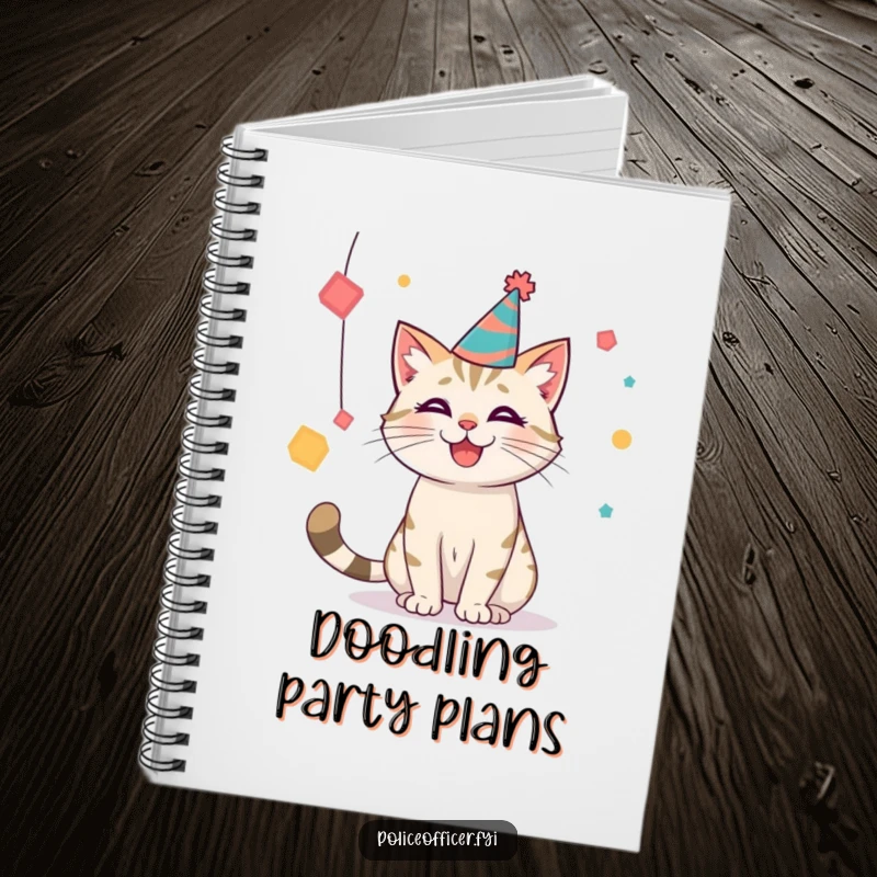 Funny party cat notebook with a cat in a hat batting at shapes, ideal for jotting down party ideas and notes.