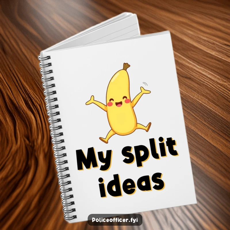 Funny notebook cover displays a happy banana with legs doing a joyful split, encouraging sweet ideas and creative writing.
