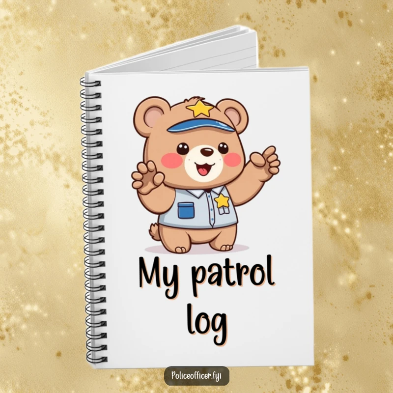 Funny notebook cover showing a bear cub police officer directing traffic. Ideal for jotting down notes with a humorous touch.