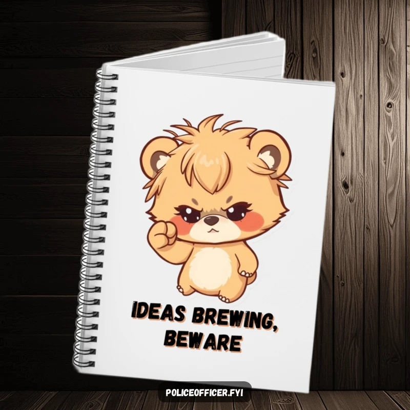 Funny notebook with a determined bear cub, messy hair, shaking a tiny fist, ideal for jotting down humorous thoughts.