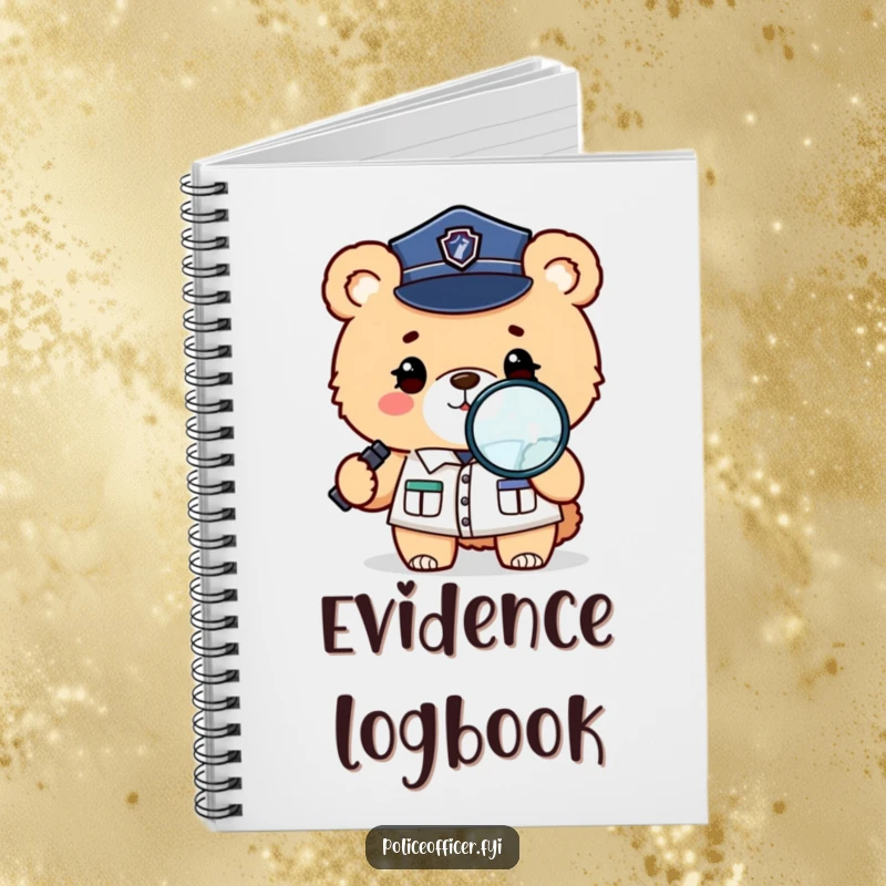 Funny notebook with a fluffy bear in a police uniform winking and holding a magnifying glass, perfect for jotting notes.