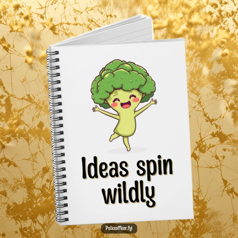 Funny Notebook: A smiling broccoli head performing a joyful pirouette, hilariously inspiring creative thoughts and energetic note-taking.