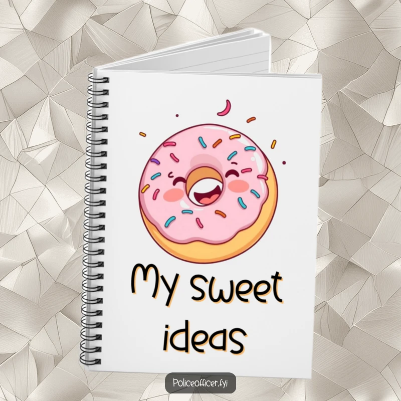 Funny notebook cover displays a happy donut with colorful sprinkles spinning joyfully, encouraging sweet ideas and creative writing.