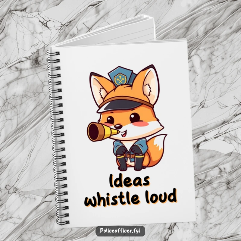 Funny fox police officer notebook: a proud, smiling fox blows a whistle on the cover.