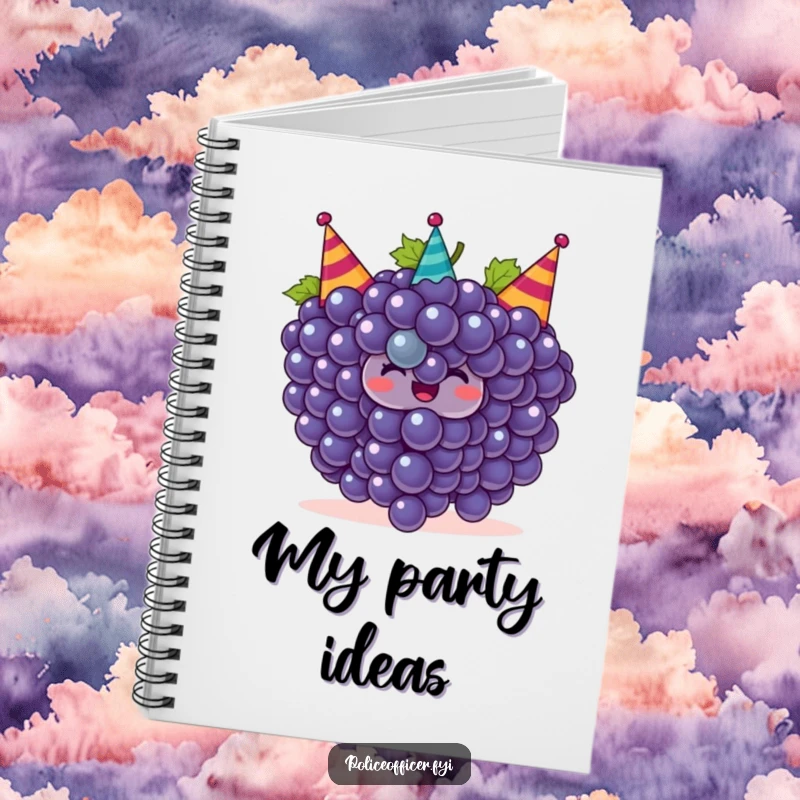 Funny grapes notebook with a smiling bunch of grapes wearing party hats, perfect for humorous and festive note-taking.