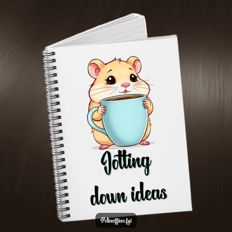 Funny Hamster Notebook with a chubby hamster holding a giant coffee cup, looking thoughtful, ideal for noting coffee-fueled ideas, a funny gift.