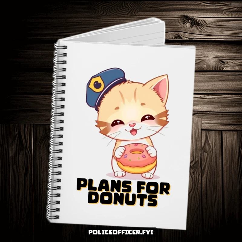 Funny notebook with a kitten in a police cap about to toss a giant donut. Ideal for journaling and note-taking.