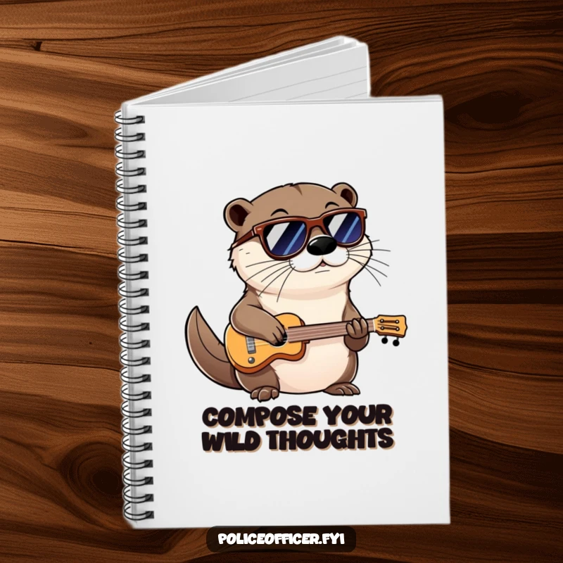 Funny notebook with a cool otter wearing shades and a confident smirk, playing a miniature instrument, perfect for jotting ideas.
