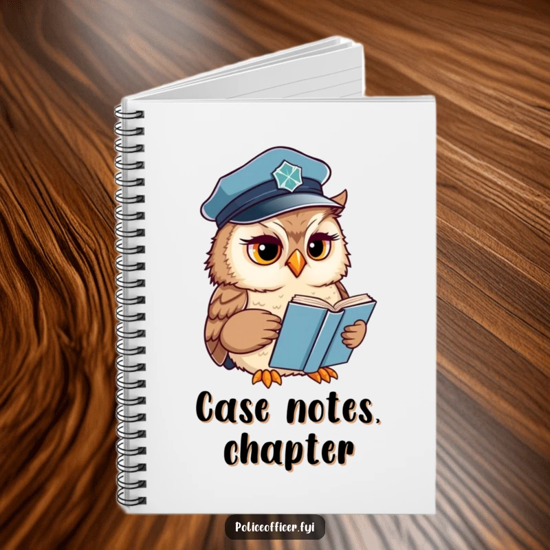 Funny Owl Notebook with a wise officer wearing a police cap, reading a book with a concerned expression, perfect for journaling.