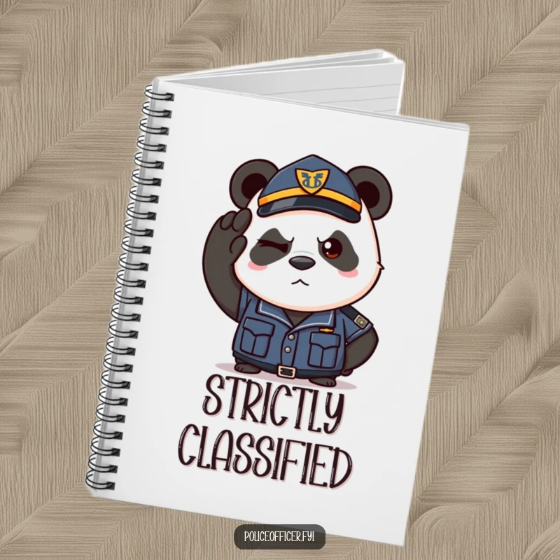 Funny notebook with a determined panda in a police uniform saluting with a wink. For notes and plans.