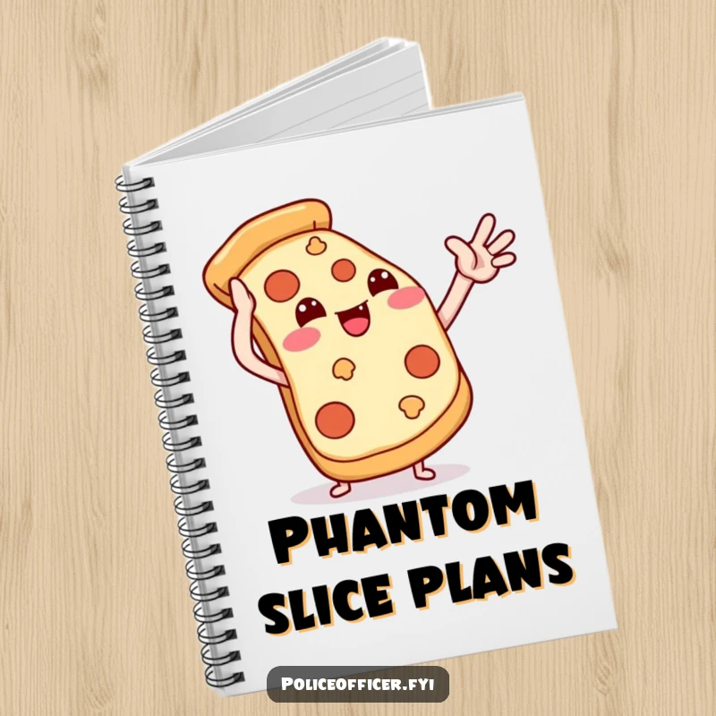 Funny pizza notebook with a smiling pizza slice high-fiving on the cover, perfect for fun note-taking.