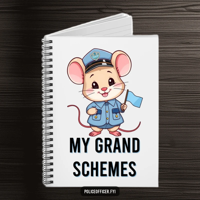 Funny smiling mouse police officer notebook, holding a small flag, perfect for notes and inspiration.