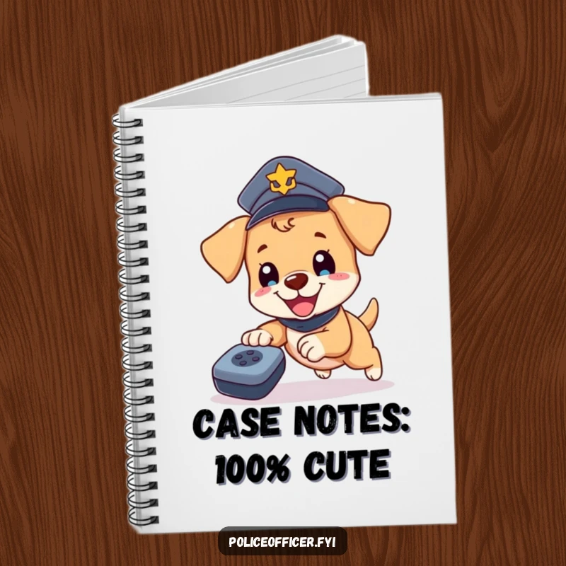 Funny Puppy Cop Notebook: Happy puppy in a police hat chasing a remote, designed for jotting down notes with a humorous, investigative flair.