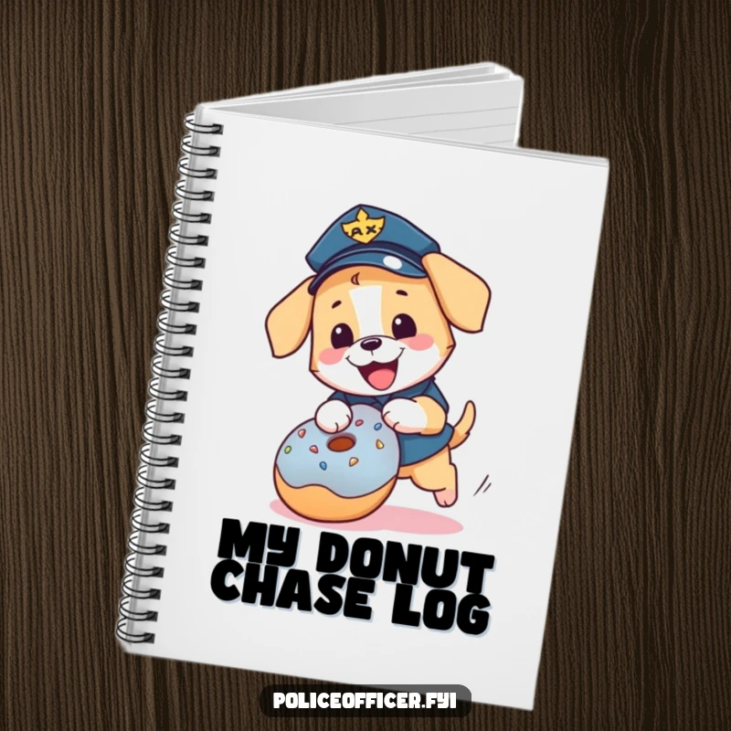 Funny puppy police officer notebook: a happy, uniformed dog chasing a donut on the cover.