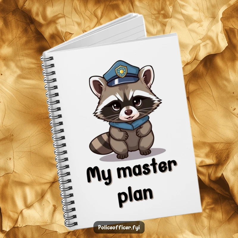 Funny notebook with a stealthy raccoon in a police hat, tiptoeing with a mischievous expression. For notes and plans.