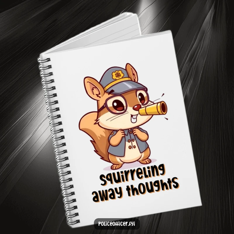 Funny notebook with an energetic squirrel police officer blowing a whistle, designed for jotting down fun and exciting thoughts.