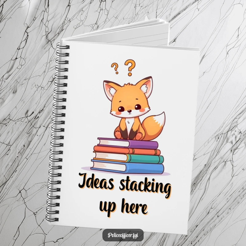 Funny notebook with a curious fox cub on a stack of books, a question mark above its head, perfect for writing down ideas.
