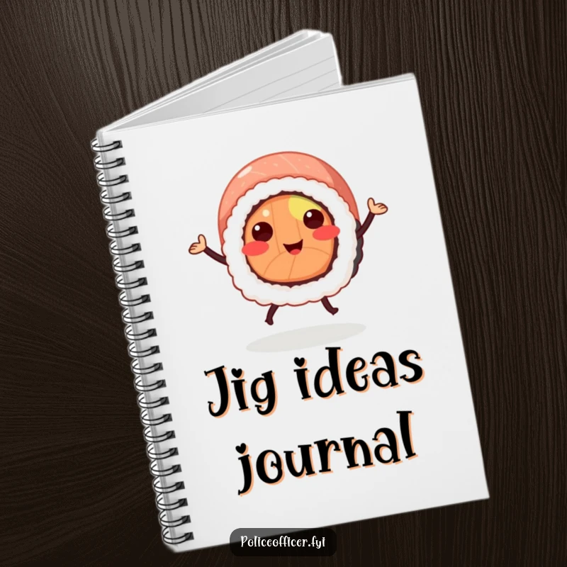 Funny sushi roll notebook with a smiling sushi doing a cheerful jig on the cover, inspiring fun note-taking.