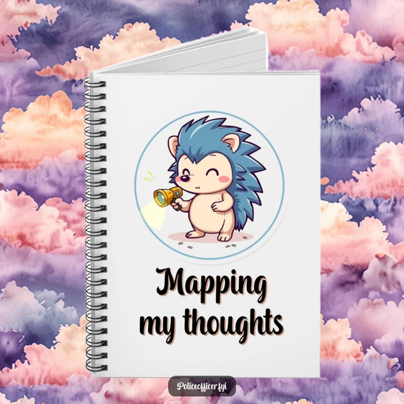 Funny Notebook with a brave hedgehog in a small badge, holding a miniature flashlight, scanning the ground for every important note.