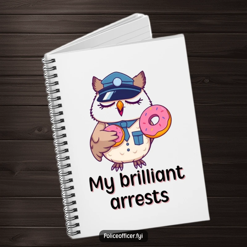 Funny sleepy owl police officer notebook, yawning with a donut, perfect for notes and jokes.