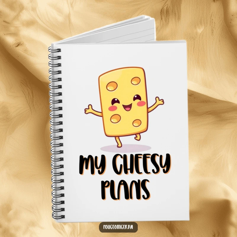 Funny notebook cover displays a smiling cheese slice doing a silly hop, encouraging cheesy ideas and witty observations.