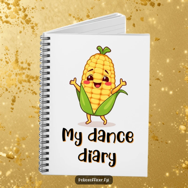 Funny dancing corn cob character on a notebook cover, inspiring joy and creative thoughts.