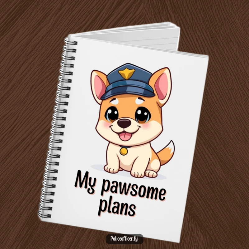 Funny bouncy dog police officer notebook, tail wagging, wearing a police cap, perfect for notes.