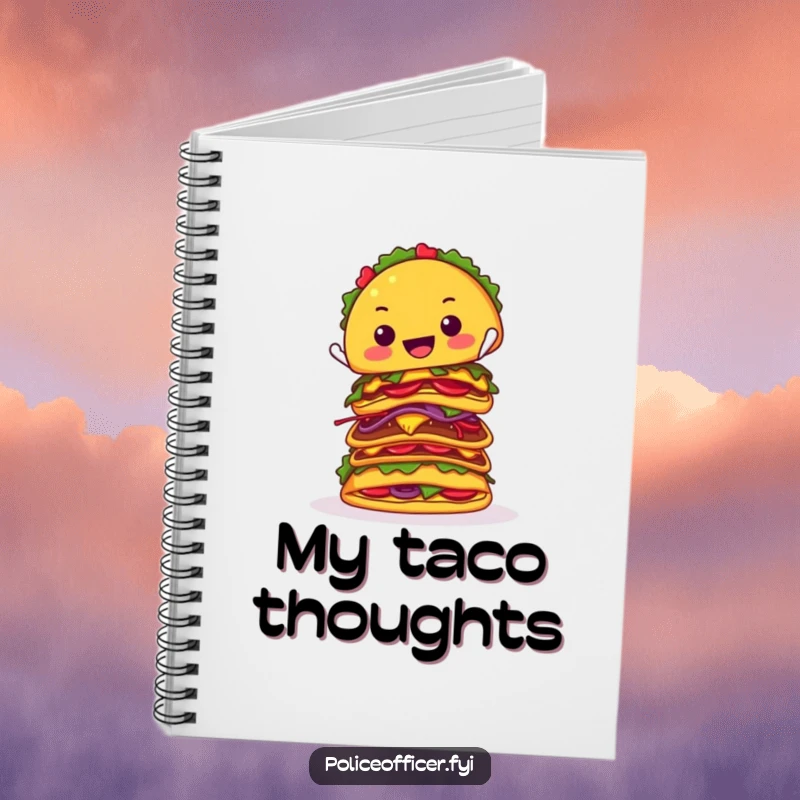 Funny notebook cover displays a cheerful taco precariously stacking tacos, inspiring creative writing and humorous note-taking.