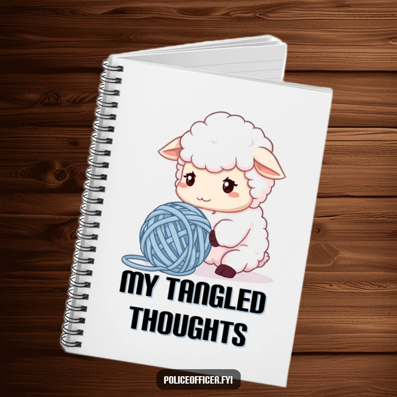 Funny Sheep Notebook with a fluffy sheep looking confused at tangled yarn, perfect for writing with hilarious crafting realism, ideal for thinkers and gift.