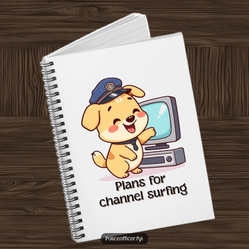 Funny Notebook: Happy dog in police hat pointing at TV, wagging tail, a journal for funny gift.