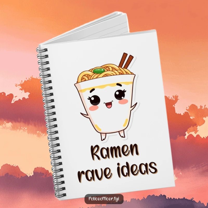 Funny ramen notebook with a cheerful ramen cup dancing excitedly on the cover, perfect for fun note-taking.