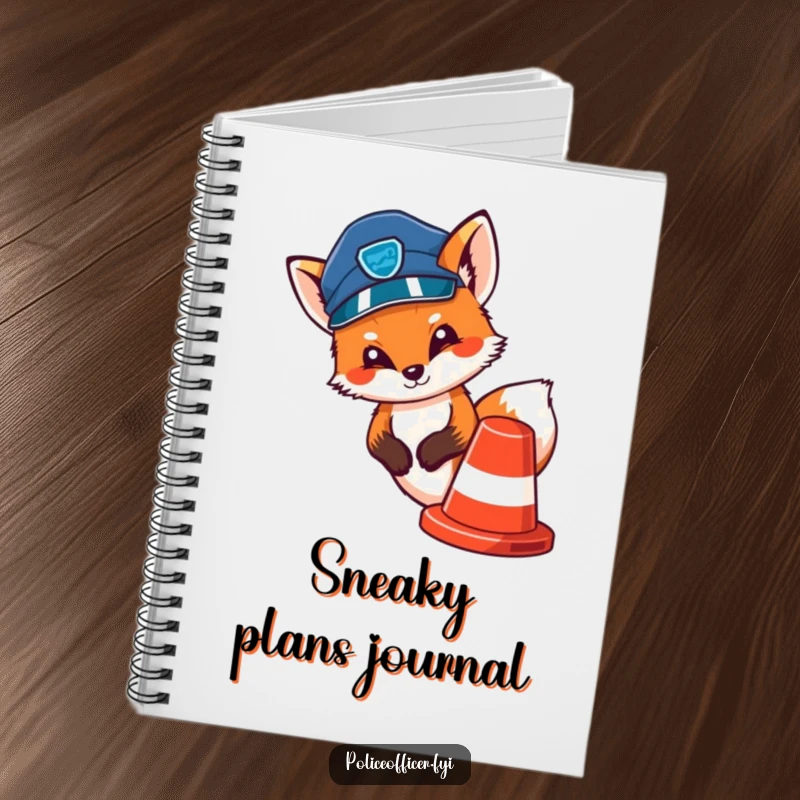 Funny notebook with a cute fox police officer peeking out from behind a traffic cone, perfect for notes.